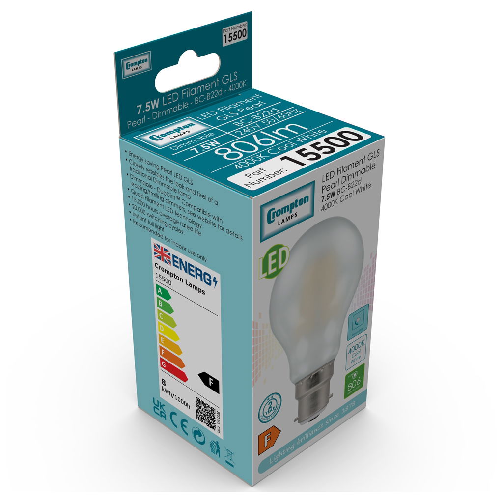 15500-product-net - LED GLS Filament Pearl • Dimmable • 7.5W • 4000K • BC-B22d